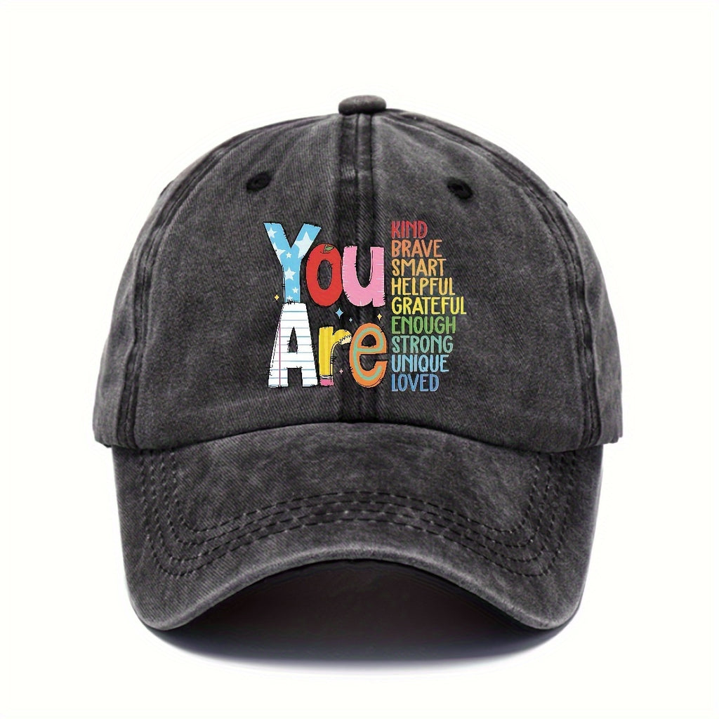 1 Adjustable Casual Baseball Cap for Women - Embossed "YOU ARE" Motivational Design with Inspirational Words,, Durable Digital Print, Outdoor Camping & Sports, Ideal Gift, Embossed Texture, Sports Accessory, Trendy Hat, Breathable Fabric, Print Hat, Sport