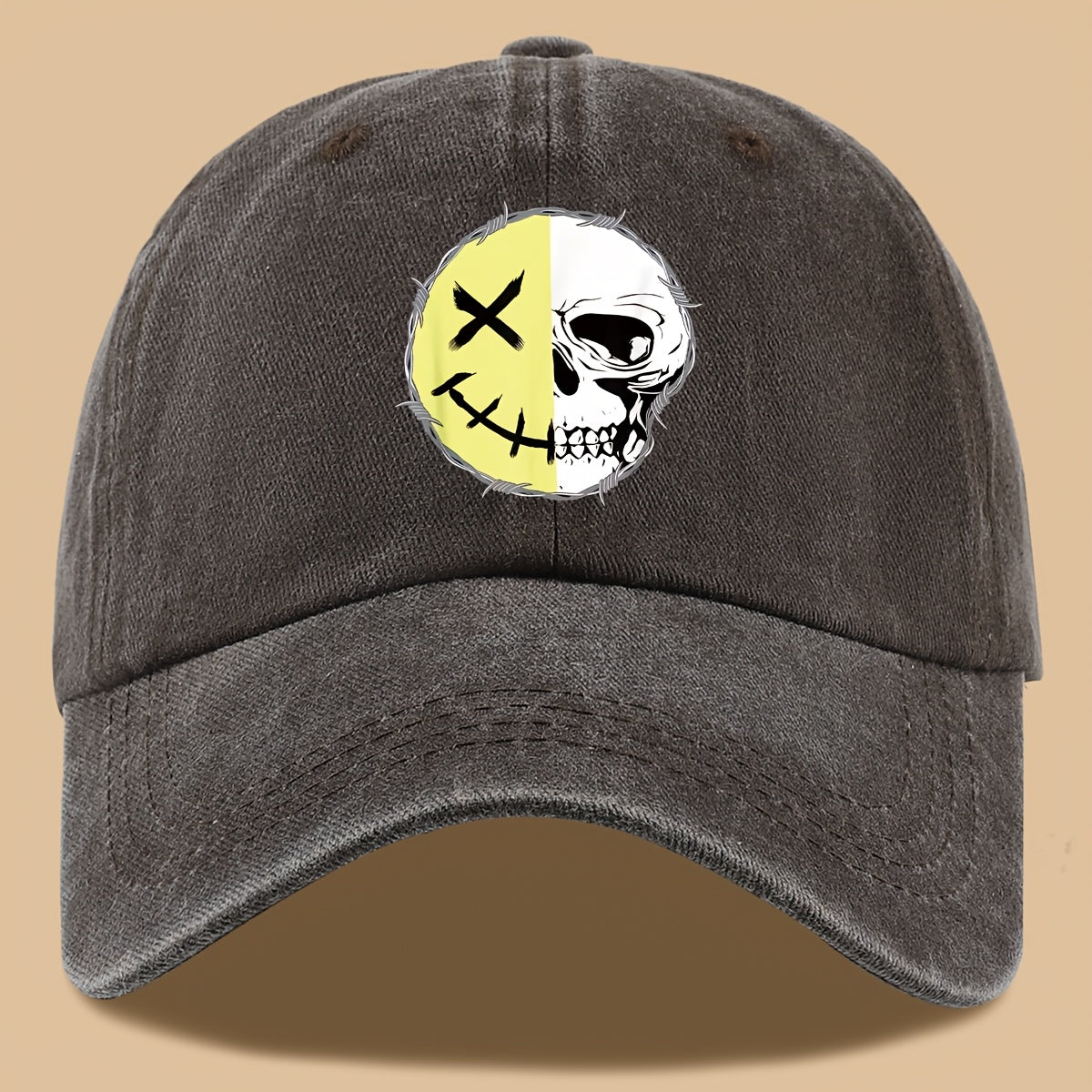 1pc Creative Smiling Face Half Skull Print Baseball Cap, Urban Casual Headwear, Individual All-Match Casual Clothing Accessory, Men And Women Outdoor Universal Dad Hat, Adjustable Size, Breathable Comfortable Vintage Black Papa Trucker Hat