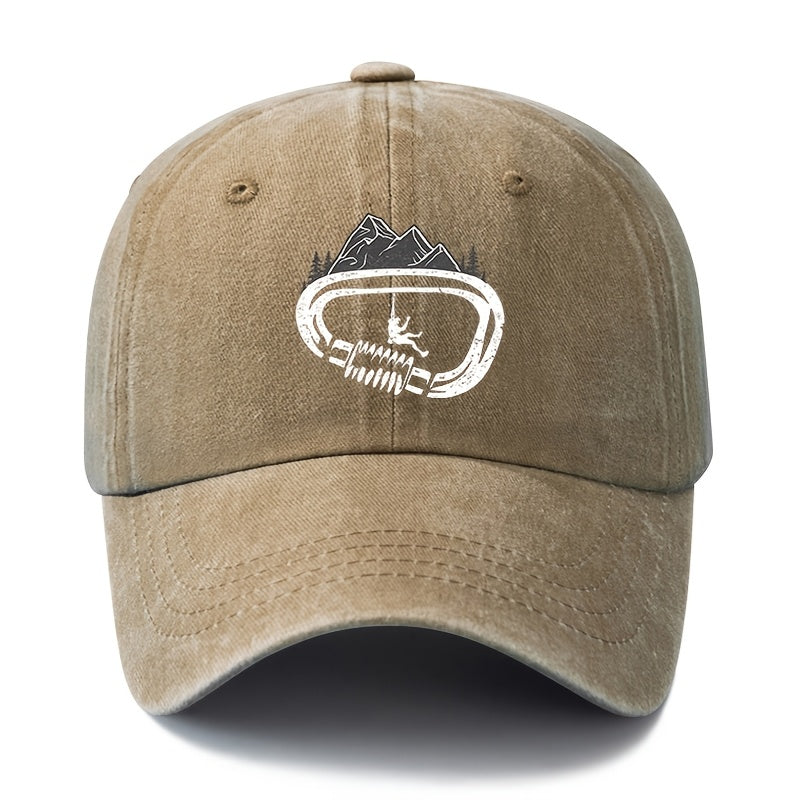 A Unisex Fashionable and Versatile Printed Rock Climbing Baseball Cap, Featuring a Classic Vintage Washed Outdoor Lightweight Curved Brim. Suitable for Casual Occasions Such as Outdoor Vacations, Travel, and Camping. Also Works as a Hip-hop Hat