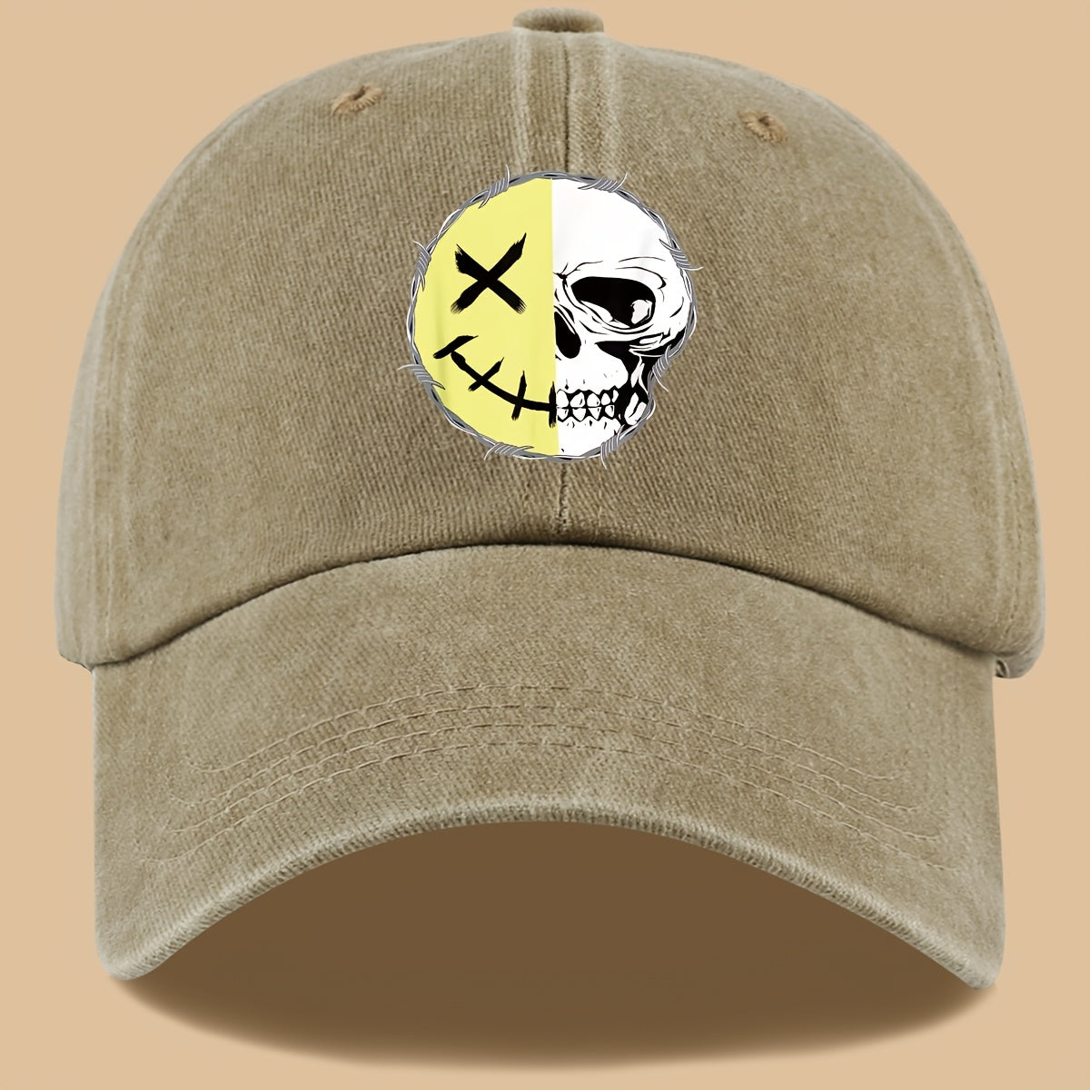 1pc Creative Smiling Face Half Skull Print Baseball Cap, Urban Casual Headwear, Individual All-Match Casual Clothing Accessory, Men And Women Outdoor Universal Dad Hat, Adjustable Size, Breathable Comfortable Vintage Black Papa Trucker Hat