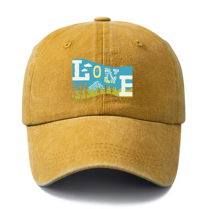 Unisex Fashion Versatile Printed LOVE Outdoor Baseball Cap, Classic Retro Washed Outdoor Lightweight Curved Brim Hat, Trucker Cap, Suitable for Outdoor Vacation Travel Camping And Other Casual Occasions, Holiday Party Hip-Hop Hat