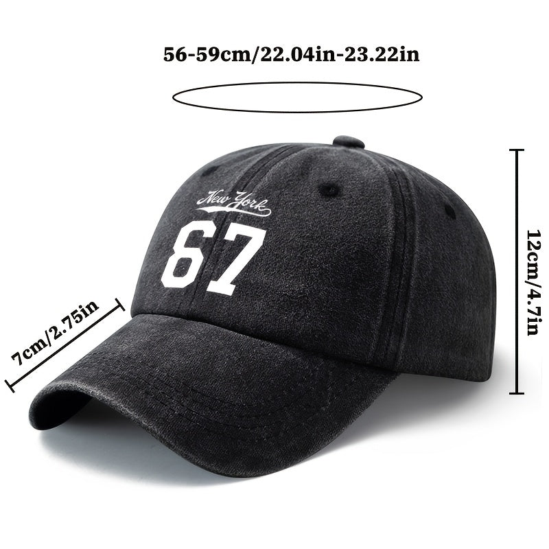 A Stylish And Versatile Unisex Baseball Cap Featuring a New York 67 Print, This Classic Retro Washed Outdoor Cap Is Lightweight And Curved-Brimmed. It'S Perfect for Casual Occasions Like Outdoor Vacations, Camping, And Holiday Parties