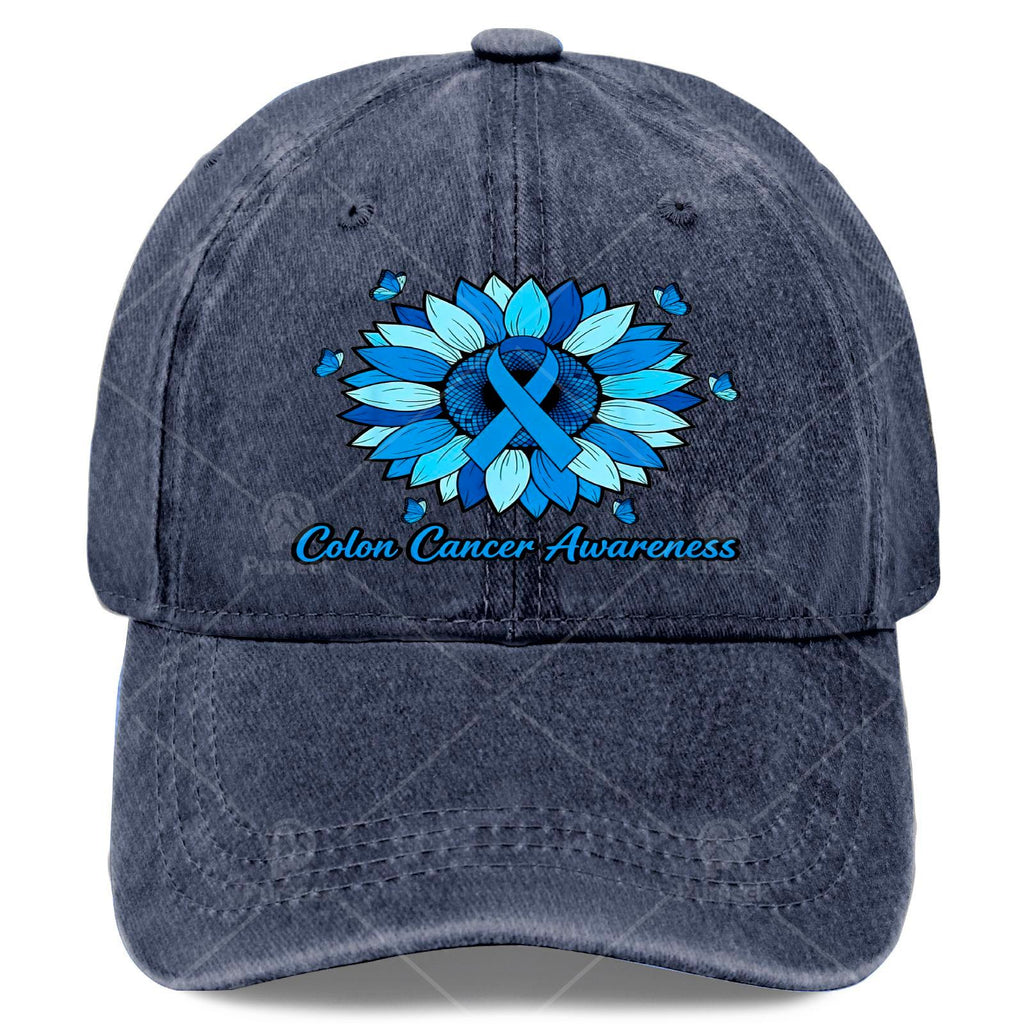 Cool Unisex Baseball Hat Featuring Blue Ribbons for Colon Cancer Awareness Month with Sunflowers