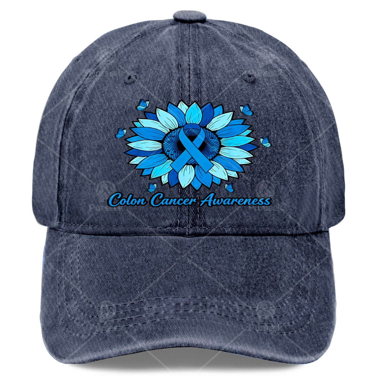 Cool Unisex Baseball Hat Featuring Blue Ribbons for Colon Cancer Awareness Month with Sunflowers