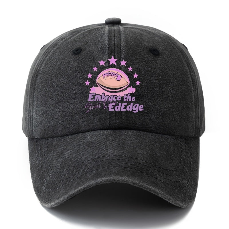 A Unisex Fashionable and Versatile Printed "Embrace the EdEdge" Baseball Cap, Featuring a Classic Vintage Washed Lightweight Curved Brim. This Trucker Baseball Cap Is Suitable for Casual Occasions Such as Outdoor Vacations, Travel, and Camping