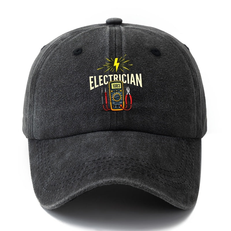 A Stylish And Versatile Unisex ELECTRICIAN Baseball Cap with a Printed Design, Featuring a Classic Retro Washed Look. This Lightweight Outdoor Cap Is Perfect for Truck Drivers And Suitable for Casual Occasions Like Outdoor Vacations, Camping