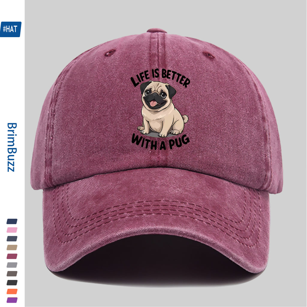 "Life Is Better with Pug" Baseball Cap | Lightweight And Adjustable, Made of Polyester, Suitable for Outdoor Activities, Travel, And Leisure, Vintage Style, with Embossed And Printed Maps