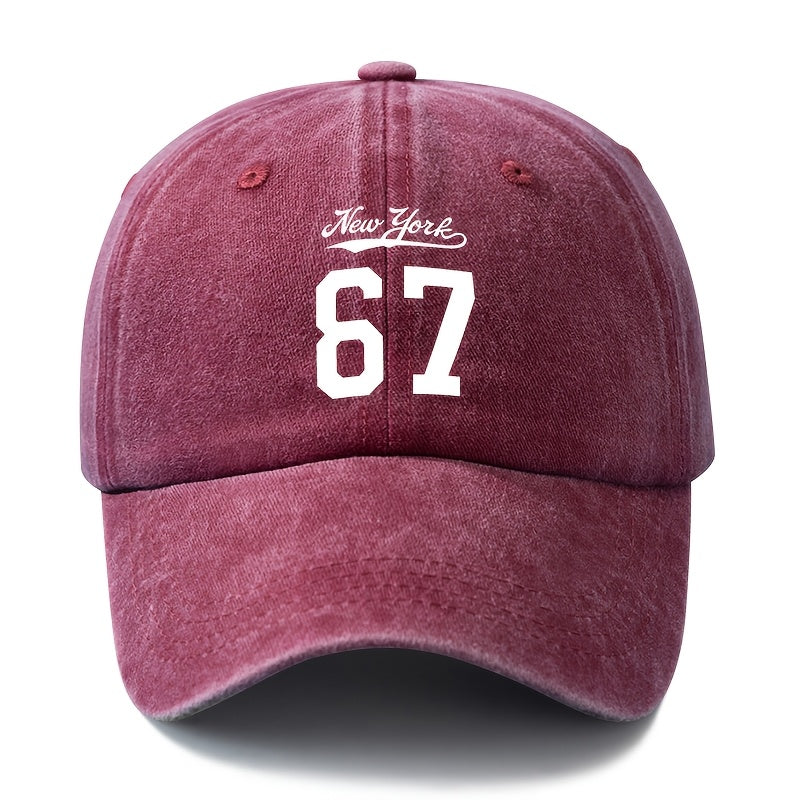 A Stylish And Versatile Unisex Baseball Cap Featuring a New York 67 Print, This Classic Retro Washed Outdoor Cap Is Lightweight And Curved-Brimmed. It'S Perfect for Casual Occasions Like Outdoor Vacations, Camping, And Holiday Parties
