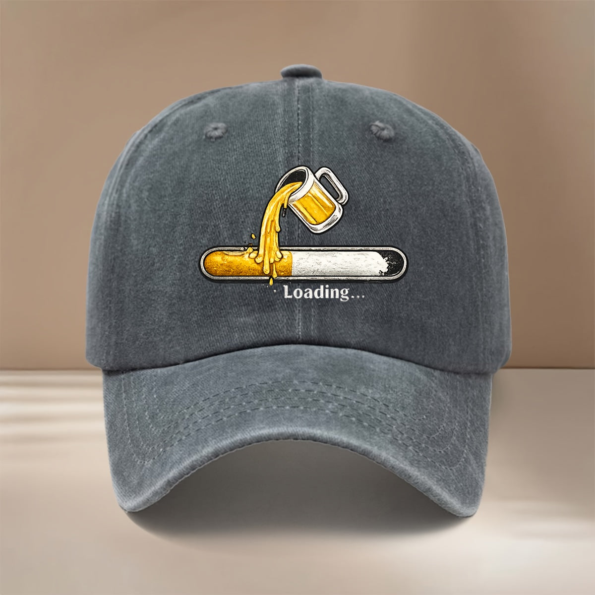 Beer Loading Graphic Baseball Cap, Highly Versatile for Styling, Curved Brim Hat, Unisex, Vintage Distressed Look, for Carnival Parties, Gatherings, Camping, Hip-Hop Hat, Lightweight and Comfortable Duckbill Cap,  Adjustable Size, Six-Panel Hat