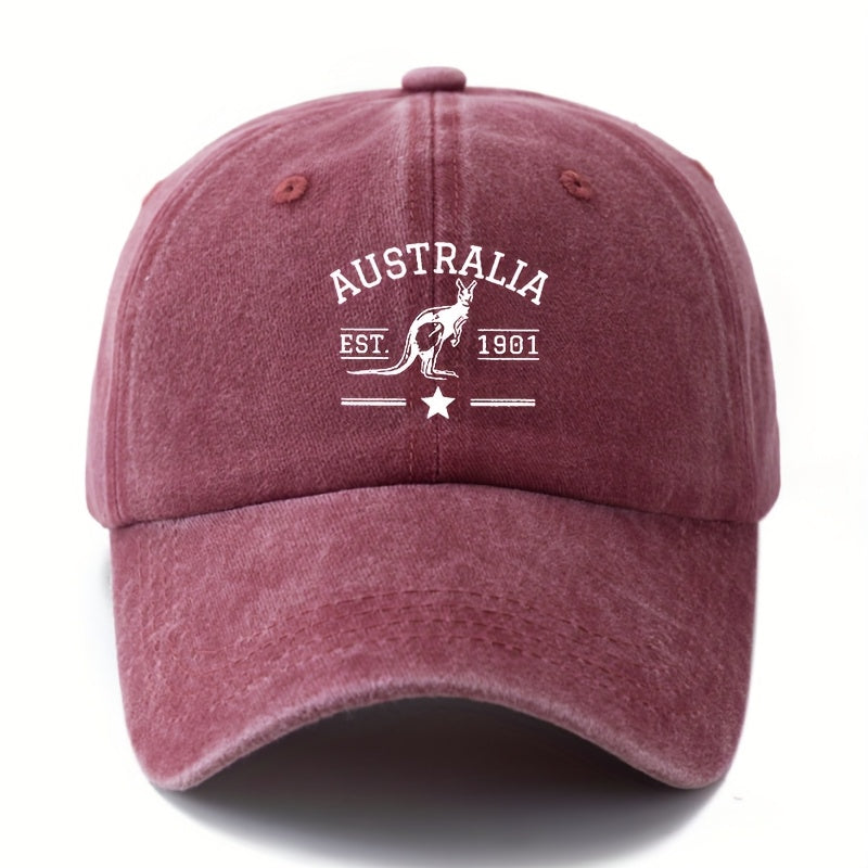 A Unisex Fashionable and Versatile Printed "AUSTRALIA" Baseball Cap with Kangaroo Logo, Featuring a Classic Vintage Washed Design, Lightweight Curved Brim, and Trucker Style. Ideal for Outdoor Vacations, Travel, Camping, and Other Casual Occasions