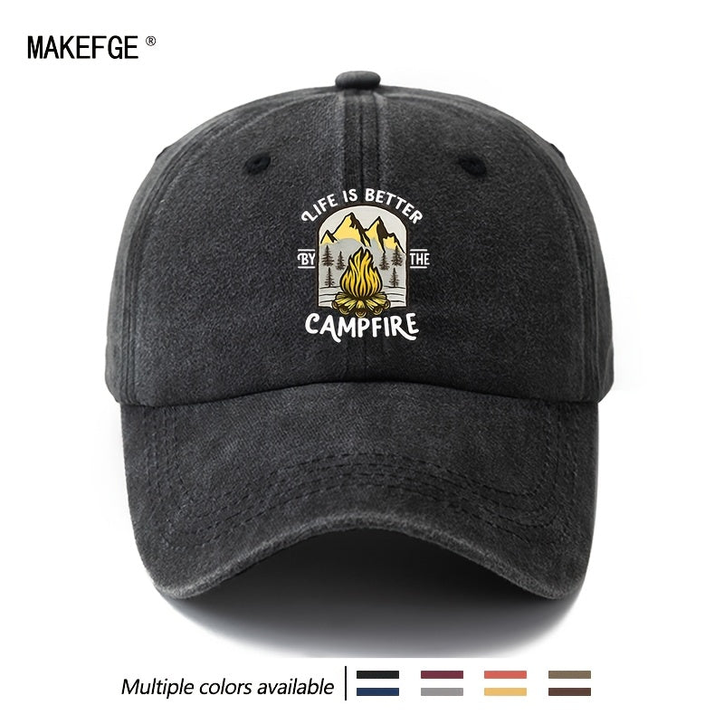 A Unisex, Fashionable and Versatile Printed Campfire Camping Baseball Cap, a Classic Retro Washed Outdoor Lightweight Curved Brim Cap, a Trucker Baseball Cap, Suitable for Outdoor Vacations, Travel, Camping and Other Casual Occasions, a Hip-hop Cap F