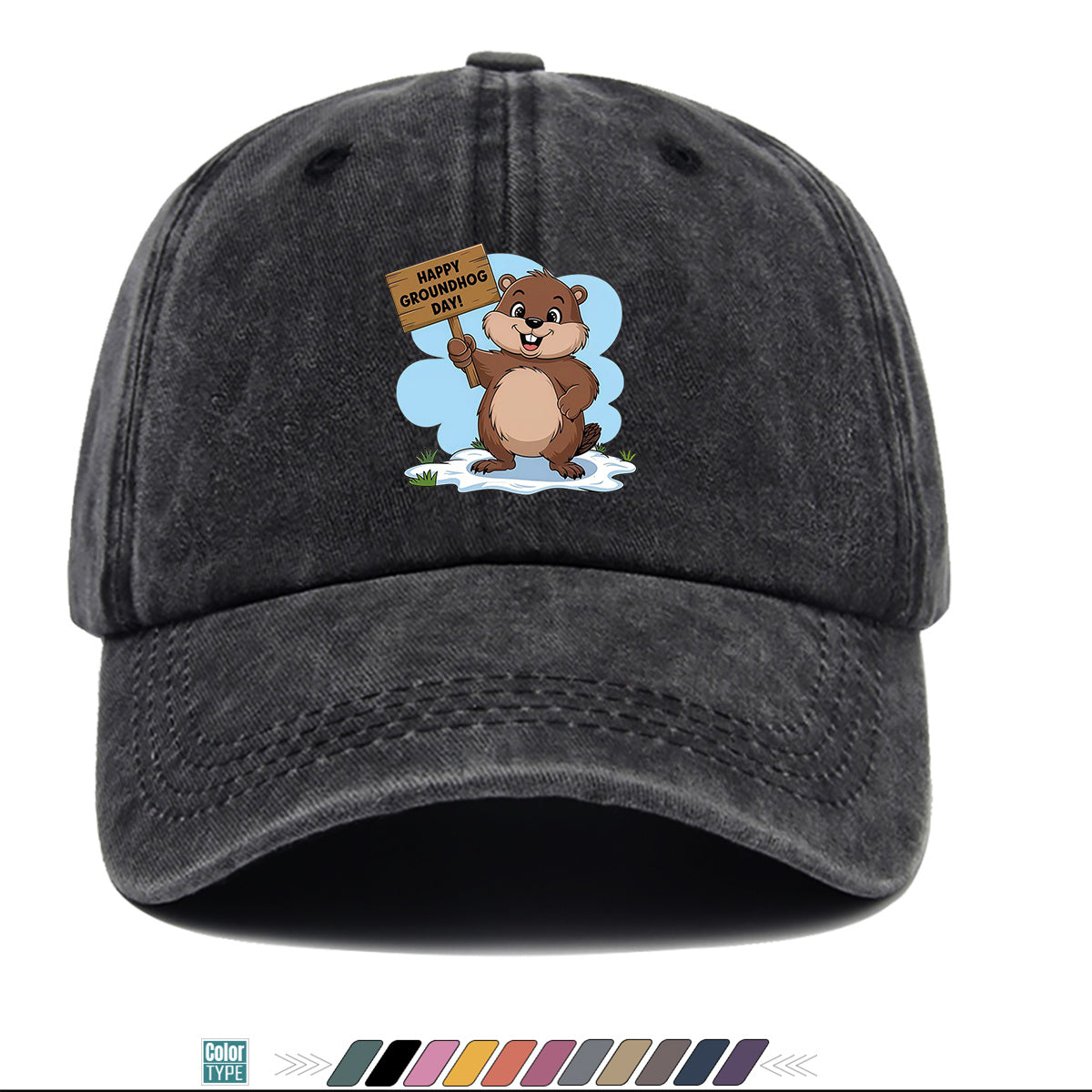 1pc Groundhog Day Theme Cartoon Print Baseball Cap, Happy Groundhog Holding Sign Pattern Sun Hat, Fashion Casual Duckbill Cap, Unisex Adjustable Size, Outdoor Travel Hat, Daily Wear Hat, Holiday Party Hat, Birthday Gift Hat, Friend Gathering Hat