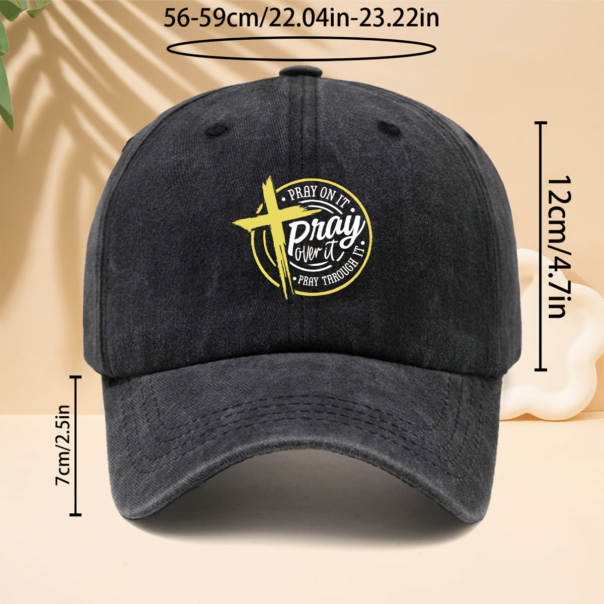 Yellow Cross Circle Pray Over It Pattern Printed Baseball Cap Reverent Retro Faith Design Style Curved Brim Hat for Walking, Gatherings, Dates, Shopping, Vacation, Travel