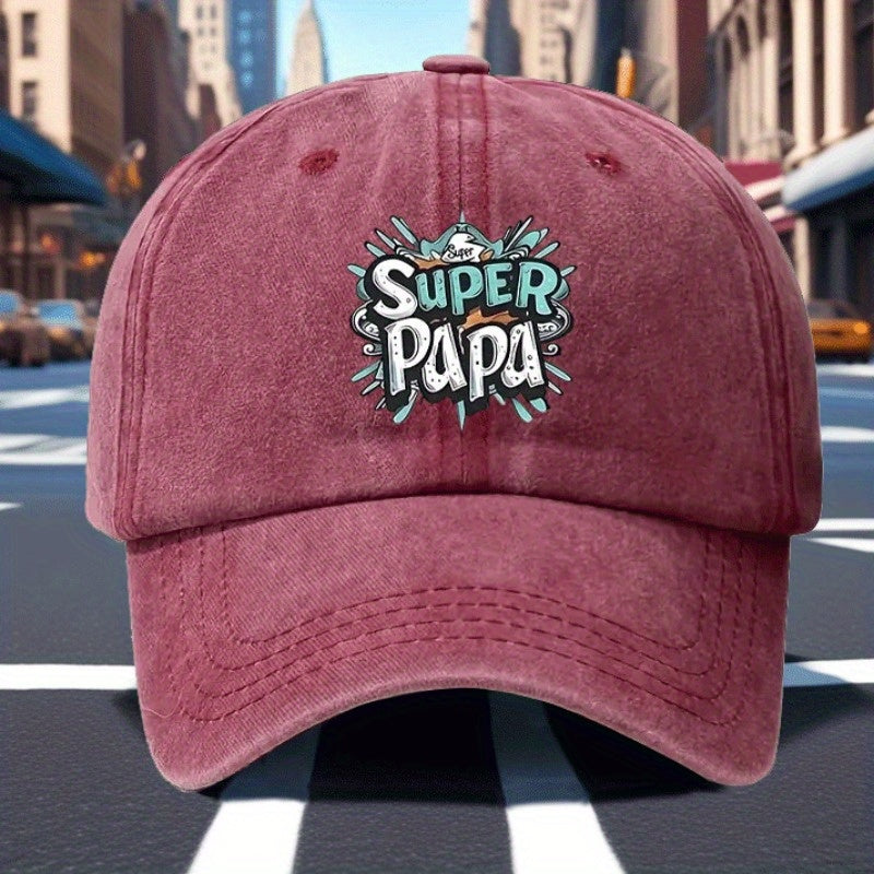 Men's Vintage Baseball Cap- Adjustable Black Cap with Striking "SUPER PAPA" Print, Breathable Six-panel Design, Suitable for Casual Wear, Driving, and Fishing, Outdoor Accessory, Fun Style, Comfortable Fit, Fashionable Headwear,