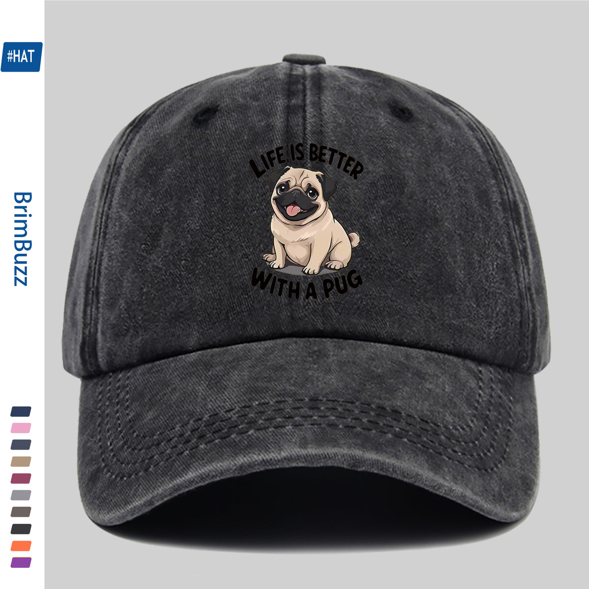 "Life Is Better with Pug" Baseball Cap | Lightweight And Adjustable, Made of Polyester, Suitable for Outdoor Activities, Travel, And Leisure, Vintage Style, with Embossed And Printed Maps