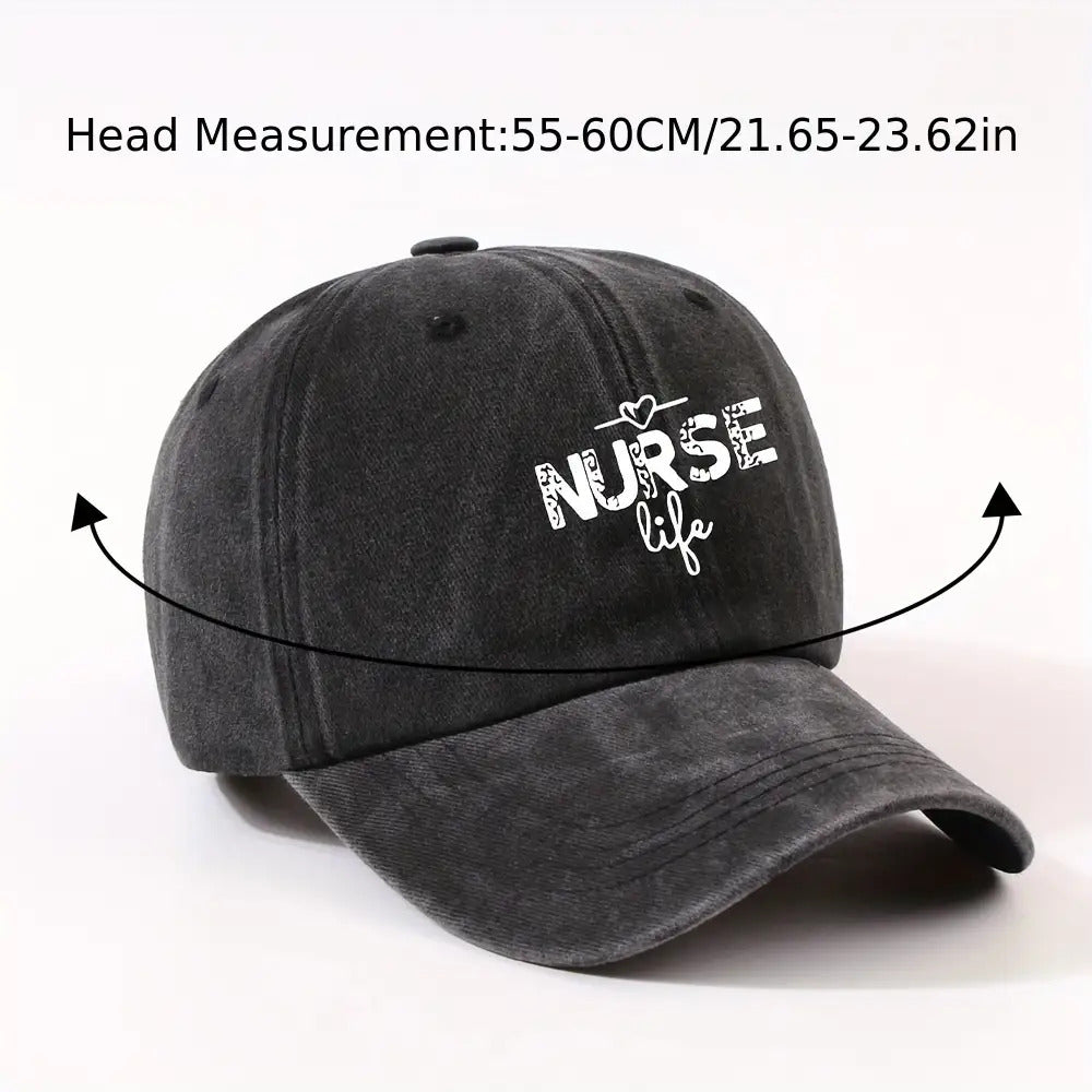 1 Fashion Nurse Letter Washed Baseball Cap Unisex Adjustable Brim Sun Hat Shopping Cycling Skateboarding Trendy Baseball Cap,  Casual Wear, Sporty Style, Geometric Pattern, Metal Buckle Closure, Durable Material, Unisex Headwear, Men And Women