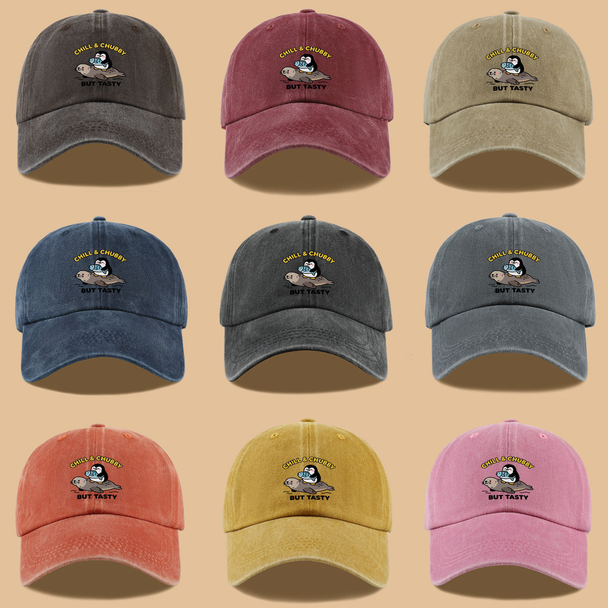 1pc 1pcs "CHILL & CHUBBY BUT TASTY" Penguin Hugging Fish on Seal Print Baseball Cap - Cute Duckbill Cap Suitable for Daily Outfits, Beach Vacations, Student Style, Adjustable Unisex Hat for &, Creative, Park Picnics