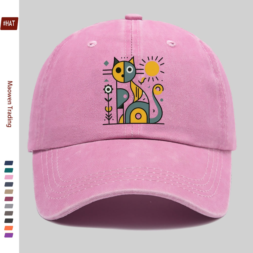 1 Abstract Cat and Sun Pattern Printed Baseball Cap, Unisex Design, Available in Multiple Colors, Papa Cap Is Comfortable, Lightweight, Washable, Vintage Style, American Street Skateboard Cap, Vintage Accessory, Exquisite Gift for Women, Fun and Cute