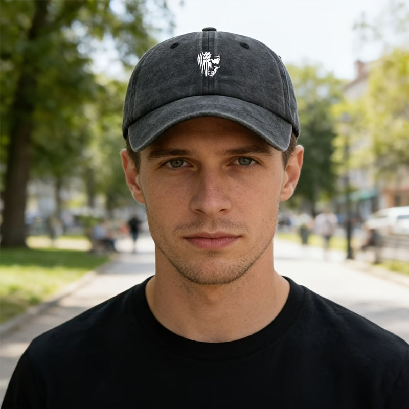 A Stylish And Adaptable Unisex Cap with a Printed Skull Design And a Classic Vintage Washed Look, Perfect for Outdoor Activities Like Vacations, Travel, And Camping. Great for Casual Events And Holiday Celebrations, Especially in Hip-Hop Culture