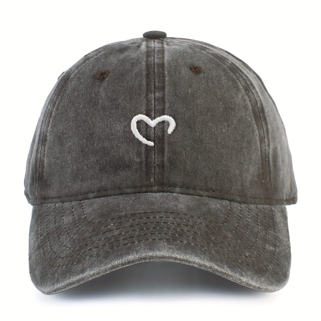 Women'S Heart-Shaped Embroidered Vintage Washed Baseball Cap, Adjustable Size, Suitable for Urban Vacation Wear