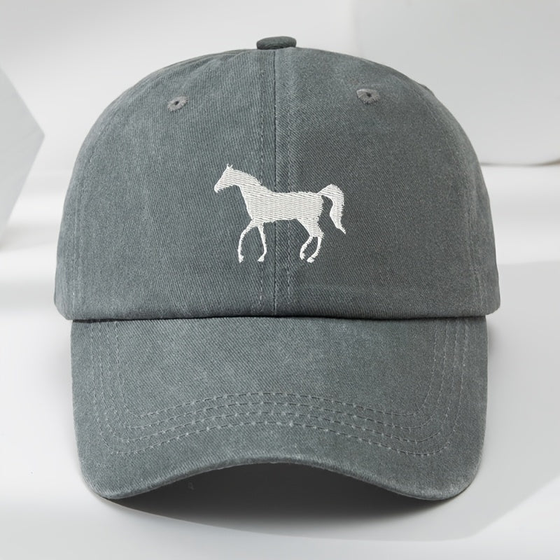 High-Quality White Horse Embroidered Baseball Cap, Washed Vintage Adjustable Duckbill Hat, Soft Top, Breathable, Sweat-Absorbing, Sun-Protective Trendy Hat
