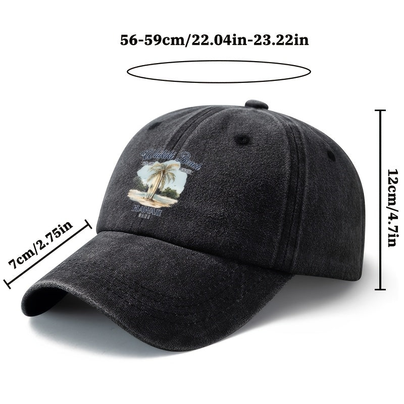 A Unisex Fashionable and Versatile Printed Hawaiian Waikiki Beach Baseball Cap, Featuring a Classic Vintage Washed Outdoor Lightweight Curved Brim. Suitable for Casual Occasions Such as Outdoor Vacations, Travel, and Camping, as Well as Holiday