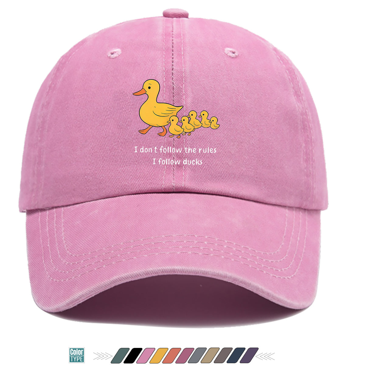 1pc Cartoon Mother Duck with Five Ducklings Print Baseball Cap, Retro Glitch Art Style Striped Background, Funny Slogan "I Don'T Follow The Rules, I Follow The Ducks", Comfortable And Breathable Sun Hat