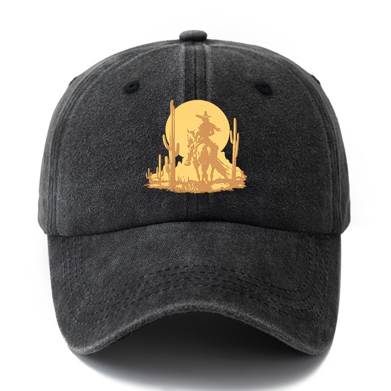 A Unisex Fashionable and Versatile Printed Desert Horseback Riding Hero Baseball Cap, Featuring a Classic Vintage Washed Outdoor Lightweight Curved Brim. This Trucker Baseball Cap Is Suitable for Casual Occasions Such as Outdoor Vacations
