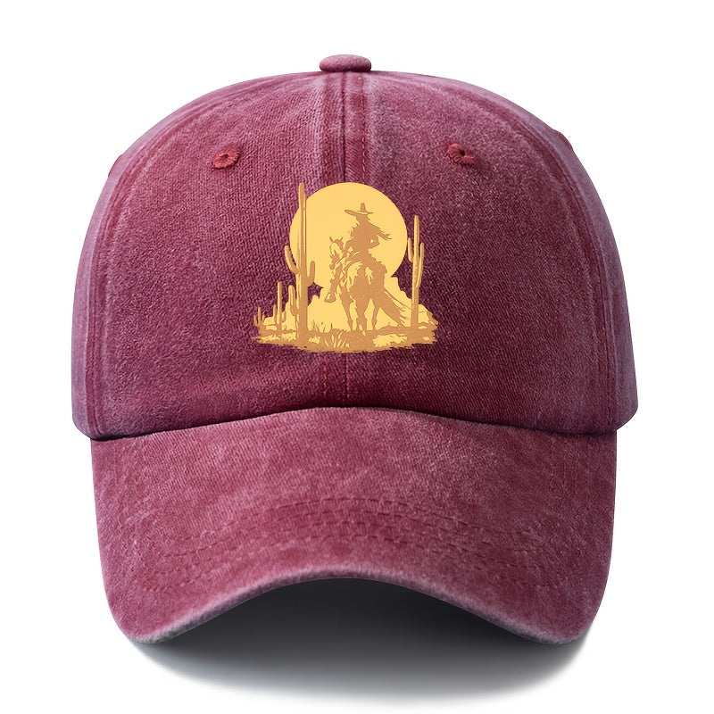 A Unisex Fashionable and Versatile Printed Desert Horseback Riding Hero Baseball Cap, Featuring a Classic Vintage Washed Outdoor Lightweight Curved Brim. This Trucker Baseball Cap Is Suitable for Casual Occasions Such as Outdoor Vacations