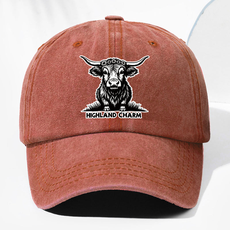 Unisex Small Cow HIGHLAND CHARM Animal Print Washed Vintage Baseball Cap Fashion Men Women Sun Hat Adjustable Size Trucker Hat Suitable for All Seasons Daily Wear