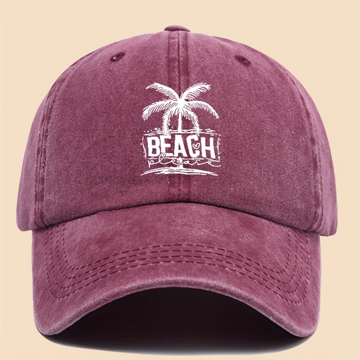 1pc Cool & Breezy Unisex Washed Baseball Cap | Tropical Palm Tree and Beach Print, Adjustable for Couples, Perfect for Surfing, Cycling, Hiking, and Parties - Polyester, Hand Wash Only