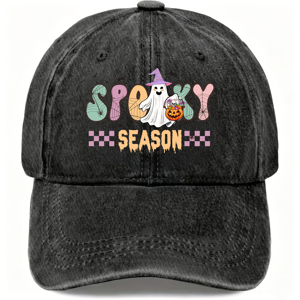 Halloween Retro Washed Cap for Men And Women, Cute Ghost And Pumpkin Pattern, Adjustable, Fashionable Street Casual Baseball Cap