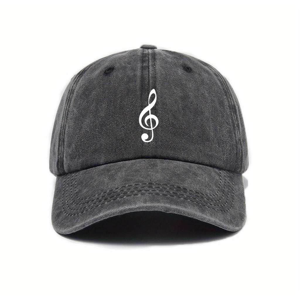 Unisex Adjustable Baseball Cap with Treble Clef Print, Urban Retro Washed Design, Available in 5 Colors (Black/Dark Gray/Purple/Mustard Green/Midnight Blue), Outdoor Casual Hat, Street Fashion, Breathable Fabric, Vintage Style