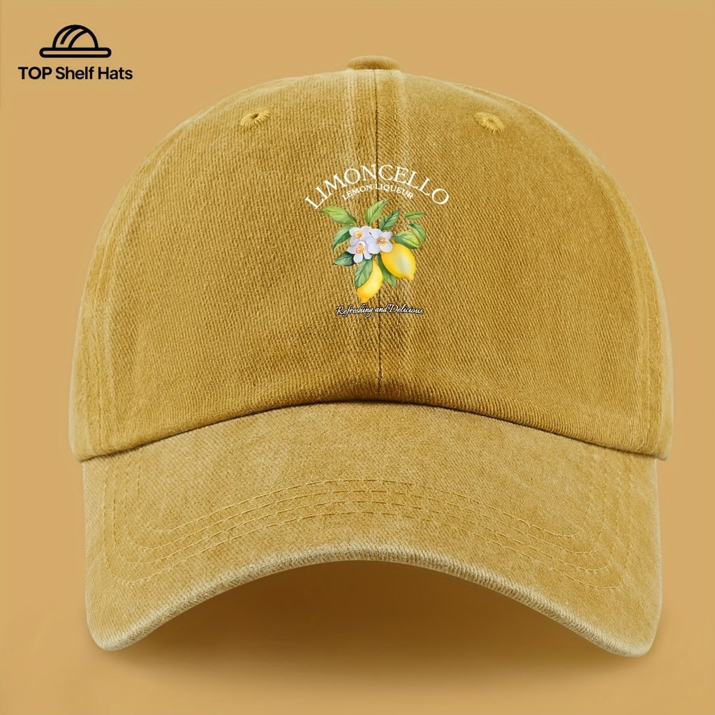 70G Lightweight And Breathable 1pc "Limon Cello" English Print Baseball Cap with Refreshing Lemon Pattern Print, Breathable And Comfortable, Stylish And Beautiful, Black Papa Dad Hat, Adjustable Size, Unisex, Retro Trucker Hat