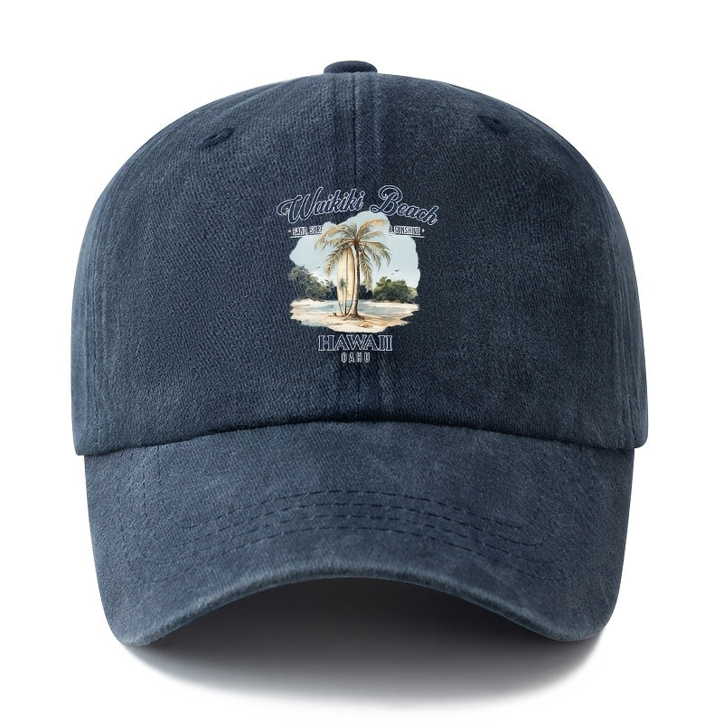 A Unisex Fashionable and Versatile Printed Hawaiian Waikiki Beach Baseball Cap, Featuring a Classic Vintage Washed Outdoor Lightweight Curved Brim. Suitable for Casual Occasions Such as Outdoor Vacations, Travel, and Camping, as Well as Holiday