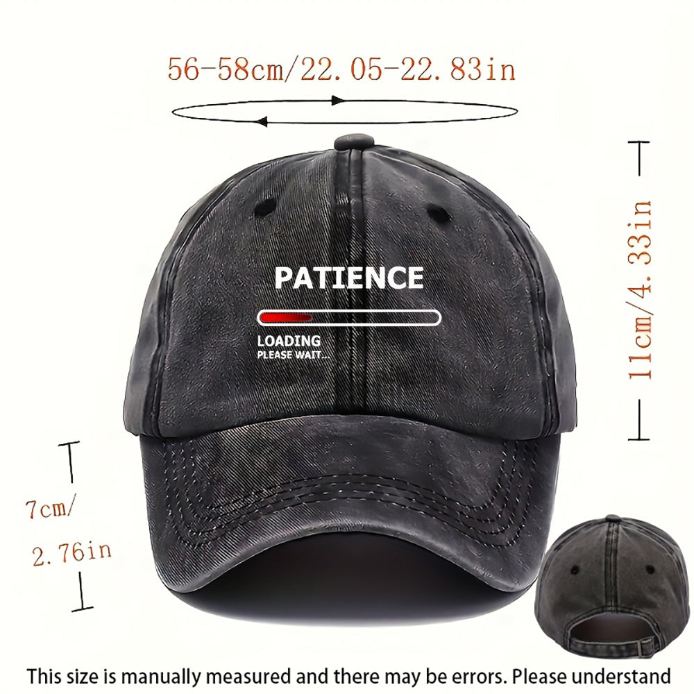 1 Patience Print Baseball Cap - Soft, Breathable, Adjustable Snapback with Curved Brim, Lightweight Unisex Design for Casual Outdoor and Formal Occasions. Hand Wash Only. Ideal Gift, Event Headwear, Fashion Accessory for Style Enthusiasts