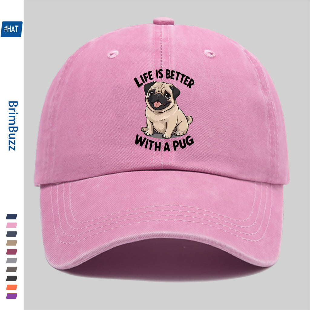 "Life Is Better with Pug" Baseball Cap | Lightweight And Adjustable, Made of Polyester, Suitable for Outdoor Activities, Travel, And Leisure, Vintage Style, with Embossed And Printed Maps