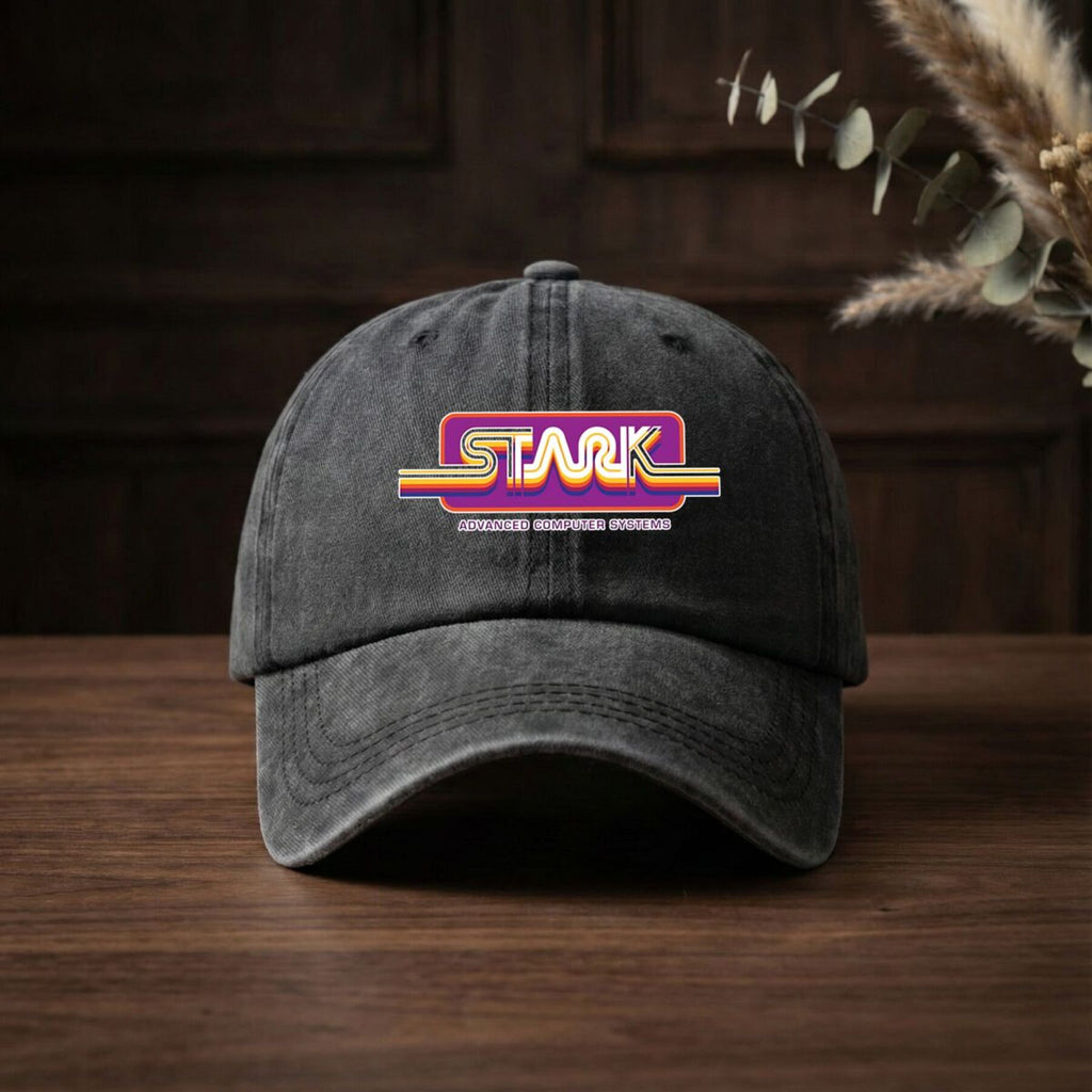 1980S Stark Technologies Computer Graphics Sticker Vintage Washed Distressed Duckbill Cap Unisex Outdoor Baseball Hat Adjustable Lightweight Breathable Retro Style Golf Cap