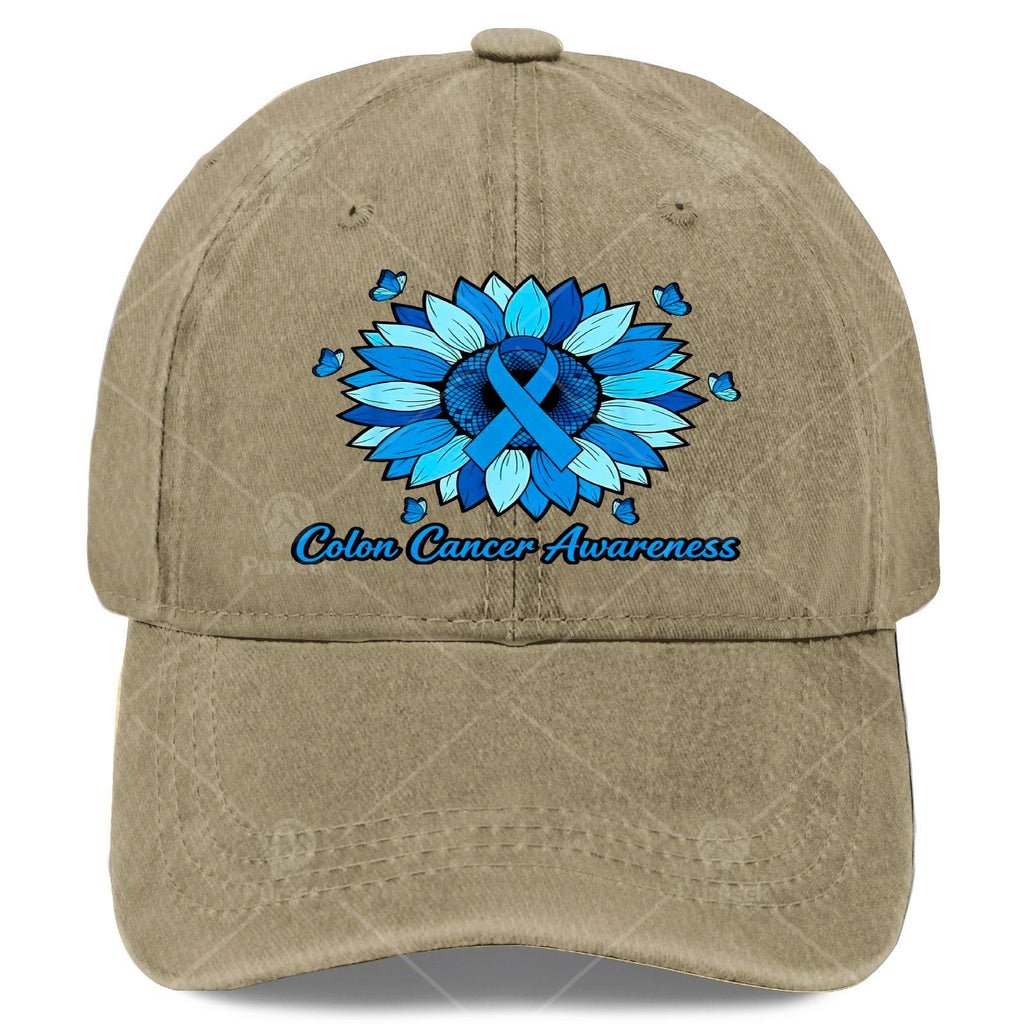 Cool Unisex Baseball Hat Featuring Blue Ribbons for Colon Cancer Awareness Month with Sunflowers