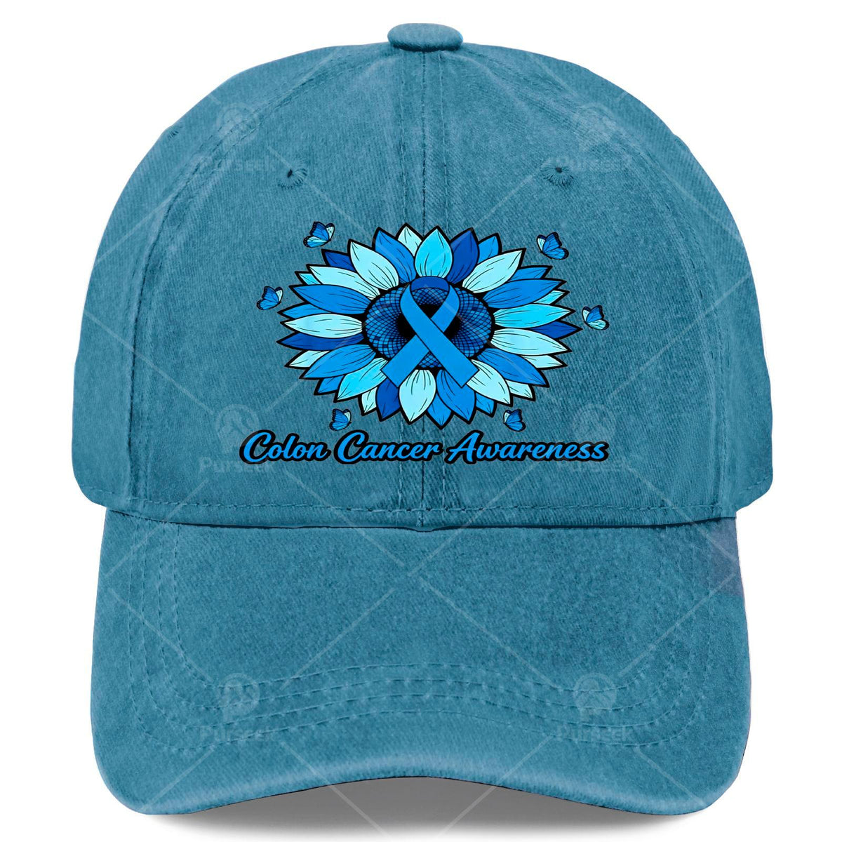 Cool Unisex Baseball Hat Featuring Blue Ribbons for Colon Cancer Awareness Month with Sunflowers