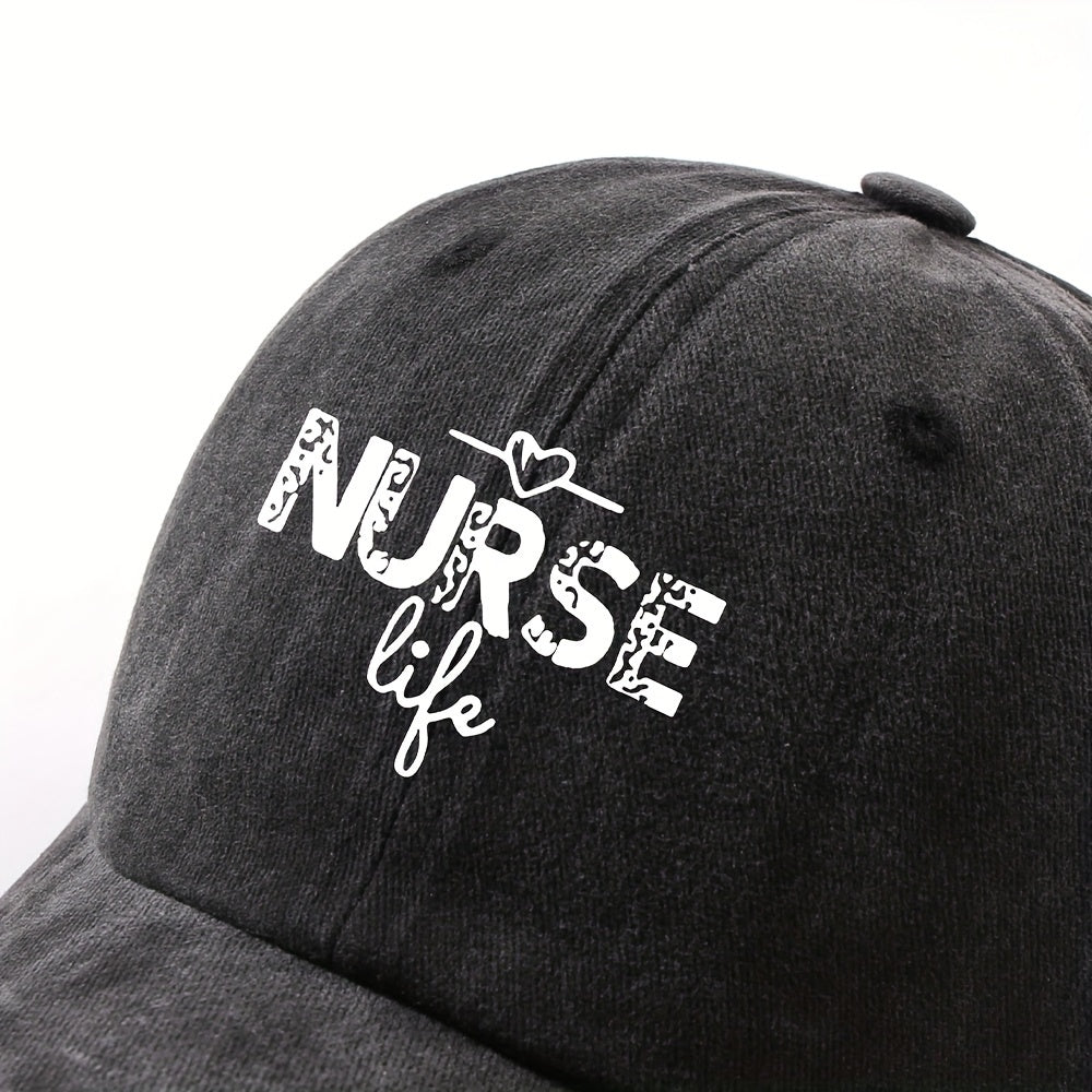 1 Fashion Nurse Letter Washed Baseball Cap Unisex Adjustable Brim Sun Hat Shopping Cycling Skateboarding Trendy Baseball Cap,  Casual Wear, Sporty Style, Geometric Pattern, Metal Buckle Closure, Durable Material, Unisex Headwear, Men And Women