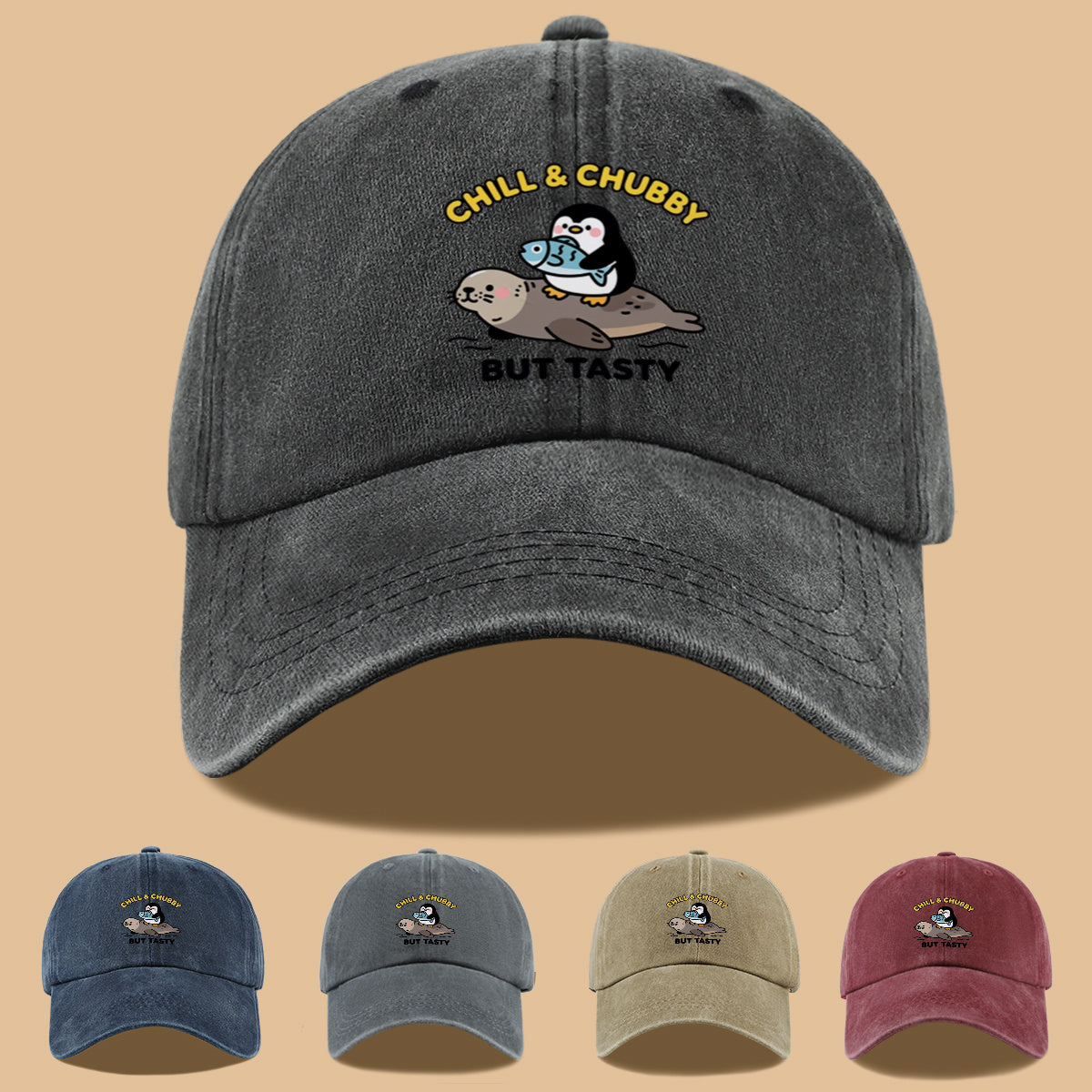 1pc 1pcs "CHILL & CHUBBY BUT TASTY" Penguin Hugging Fish on Seal Print Baseball Cap - Cute Duckbill Cap Suitable for Daily Outfits, Beach Vacations, Student Style, Adjustable Unisex Hat for &, Creative, Park Picnics