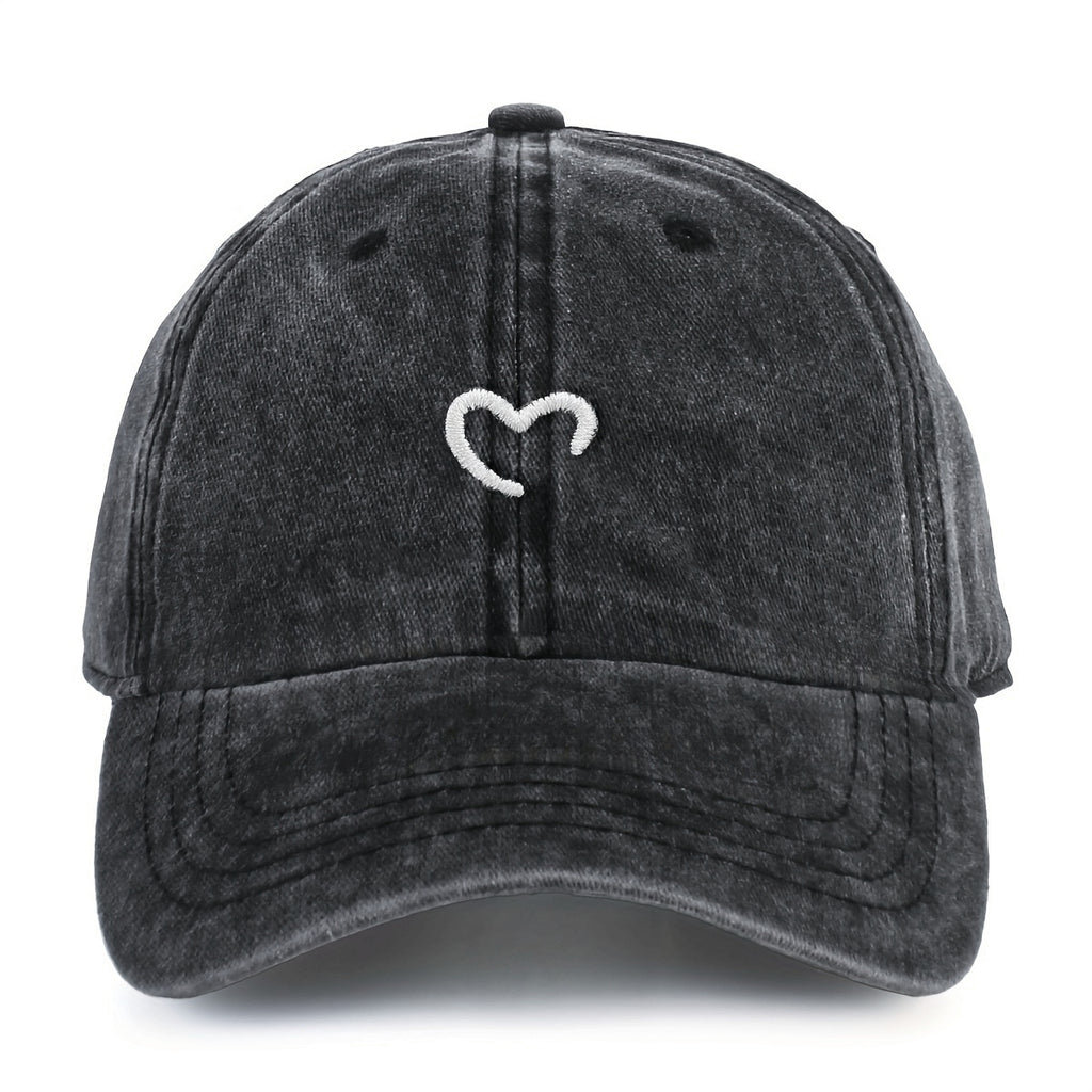 Women'S Heart-Shaped Embroidered Vintage Washed Baseball Cap, Adjustable Size, Suitable for Urban Vacation Wear