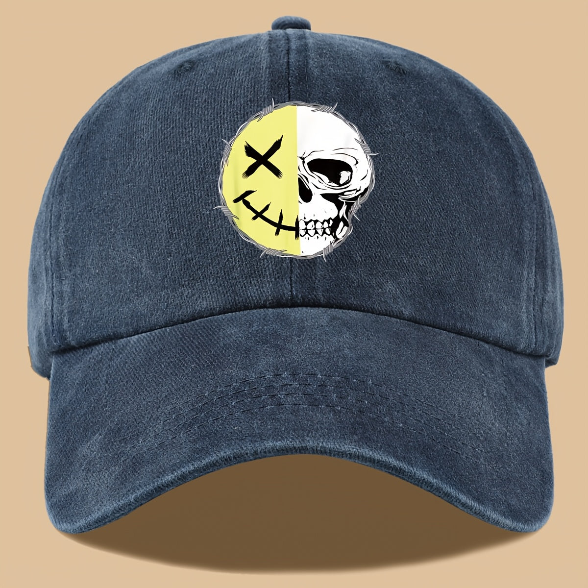 1pc Creative Smiling Face Half Skull Print Baseball Cap, Urban Casual Headwear, Individual All-Match Casual Clothing Accessory, Men And Women Outdoor Universal Dad Hat, Adjustable Size, Breathable Comfortable Vintage Black Papa Trucker Hat
