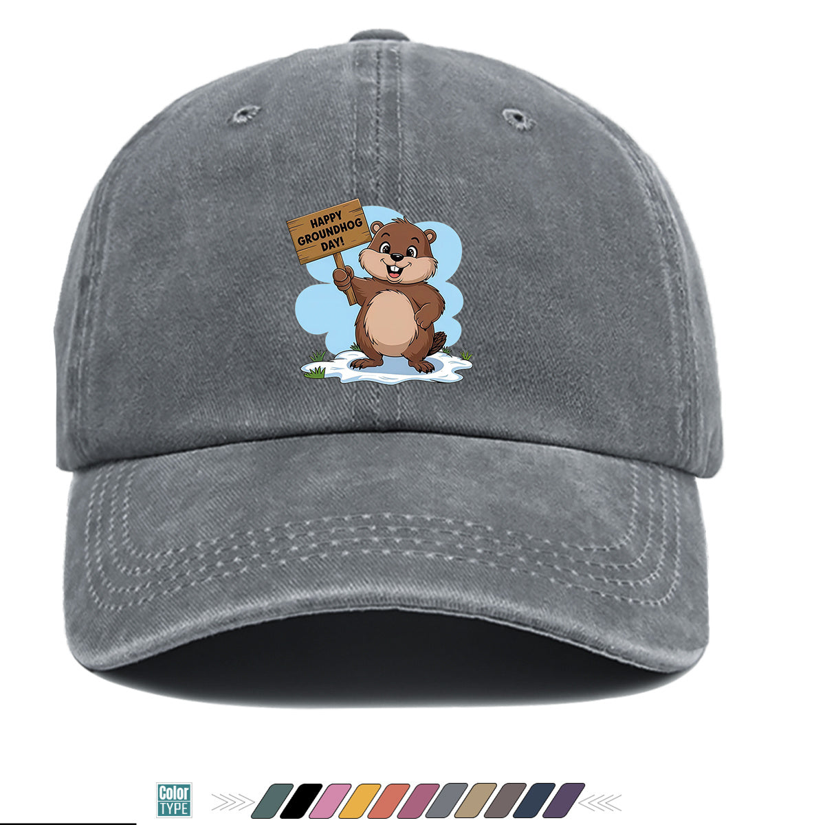 1pc Groundhog Day Theme Cartoon Print Baseball Cap, Happy Groundhog Holding Sign Pattern Sun Hat, Fashion Casual Duckbill Cap, Unisex Adjustable Size, Outdoor Travel Hat, Daily Wear Hat, Holiday Party Hat, Birthday Gift Hat, Friend Gathering Hat