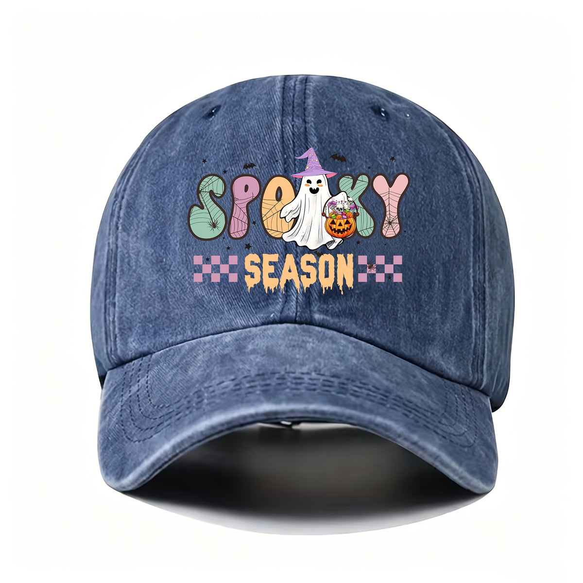 Halloween Retro Washed Cap for Men And Women, Cute Ghost And Pumpkin Pattern, Adjustable, Fashionable Street Casual Baseball Cap