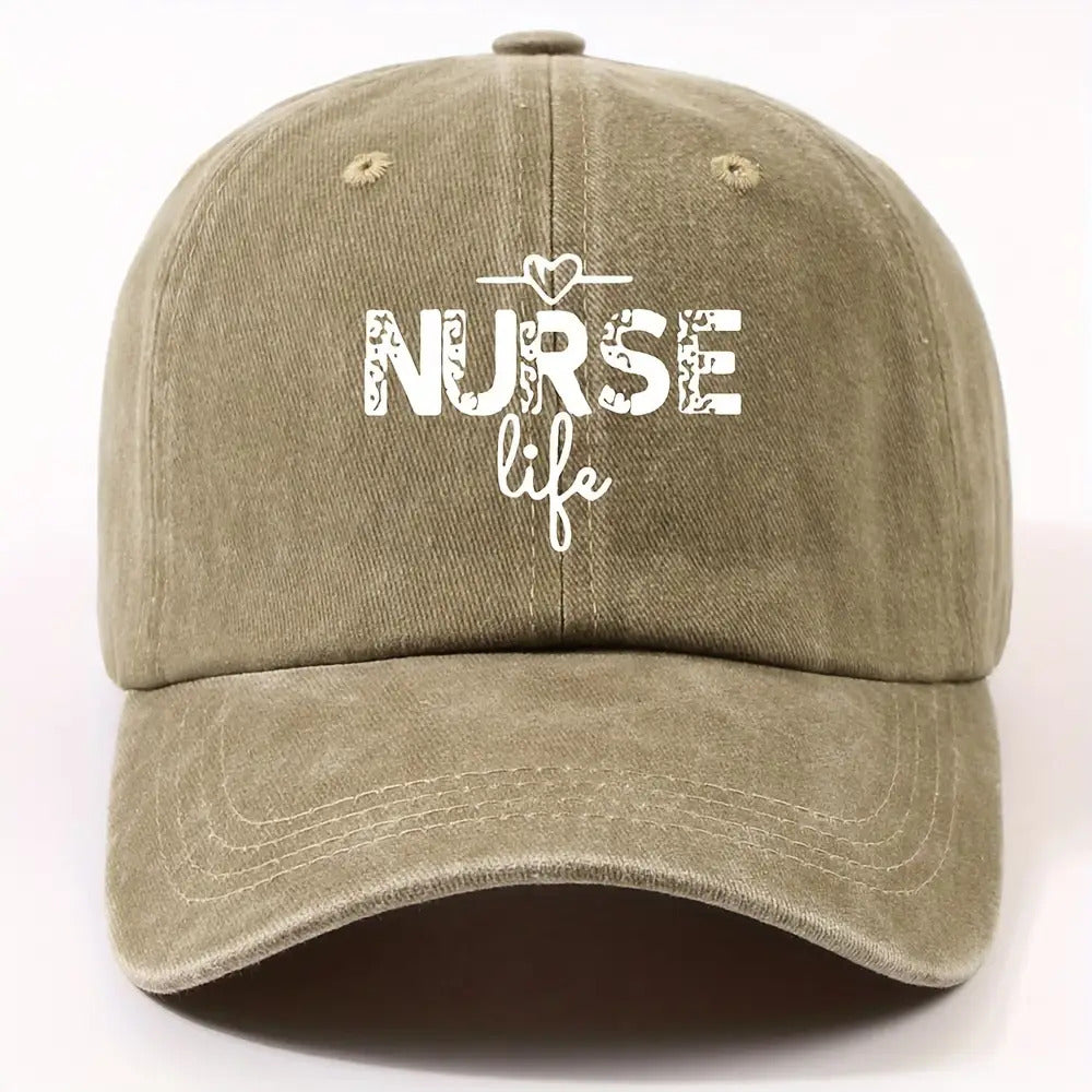 1 Fashion Nurse Letter Washed Baseball Cap Unisex Adjustable Brim Sun Hat Shopping Cycling Skateboarding Trendy Baseball Cap,  Casual Wear, Sporty Style, Geometric Pattern, Metal Buckle Closure, Durable Material, Unisex Headwear, Men And Women