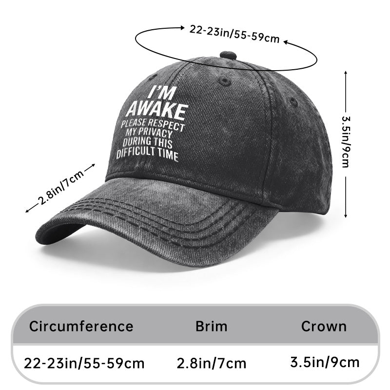 1pc Vintage Washed Unisex Baseball with "I'M AWAKE PLEASE RESPECT MY PRIVACY" Print - Adjustable Hat Suitable for Outdoor & Casual Wear, Gifts for Men & Women, Year-Round, Privacy Statement for and Daily Use