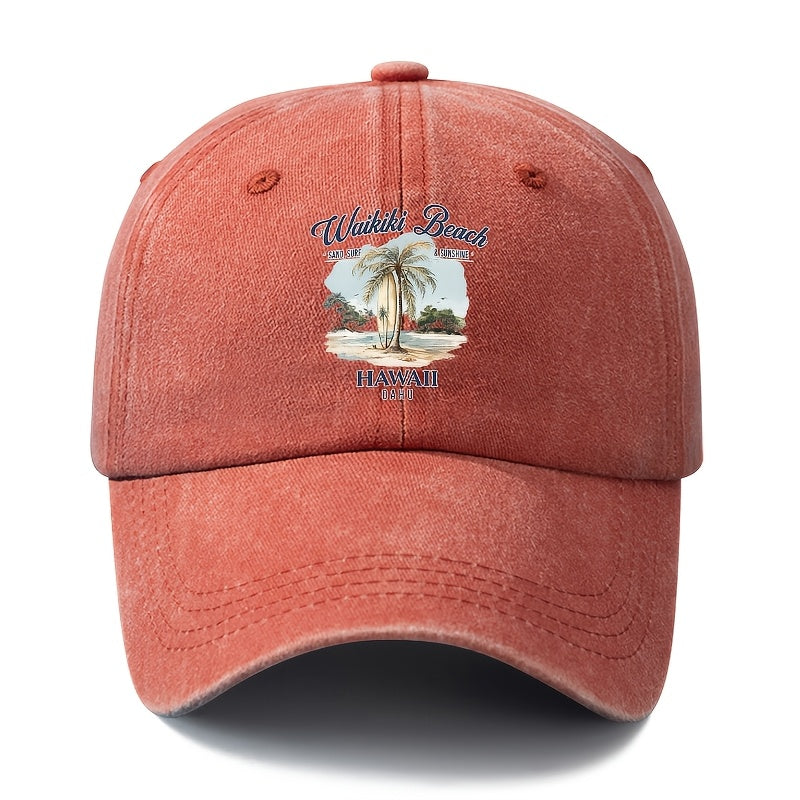 A Unisex Fashionable and Versatile Printed Hawaiian Waikiki Beach Baseball Cap, Featuring a Classic Vintage Washed Outdoor Lightweight Curved Brim. Suitable for Casual Occasions Such as Outdoor Vacations, Travel, and Camping, as Well as Holiday