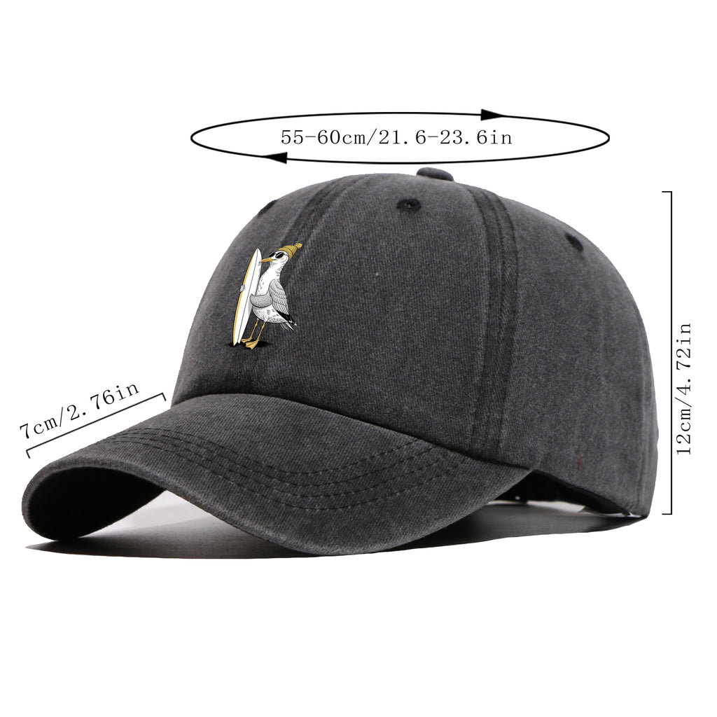 1pc Cute Cartoon Pigeon And Surfboard Pattern Design Printed Baseball Cap, Summer Casual Clothing Accessory, Black Papa Trucker Hat, Breathable Comfortable Solid Easy Vintage Soft Top Dad Hat, Unisex Adjustable Size Youth Couple Skateboard Hat